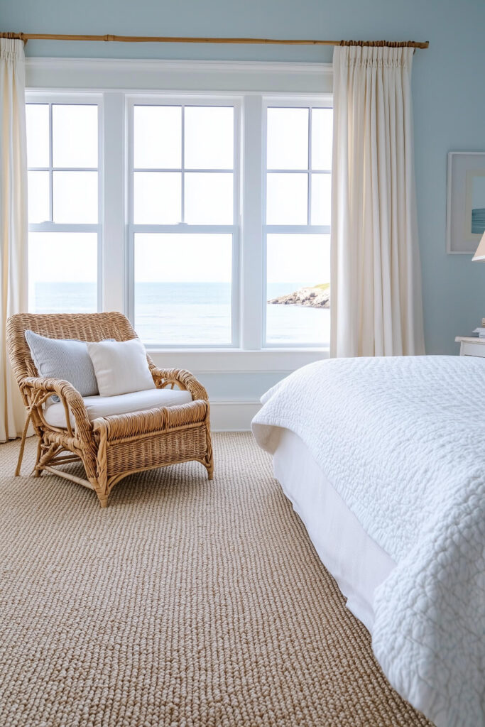 A bright and airy coastal bedroom features soft blue walls, white bedding, a natural fiber rug, and a wicker chair, creating a serene and inviting space.