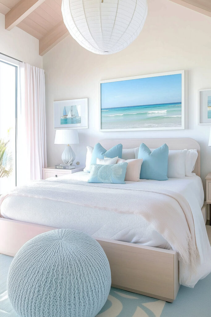 A light and airy coastal bedroom boasts a vaulted ceiling, soft blue accents, an oversized ocean photograph, and a knit pouf.