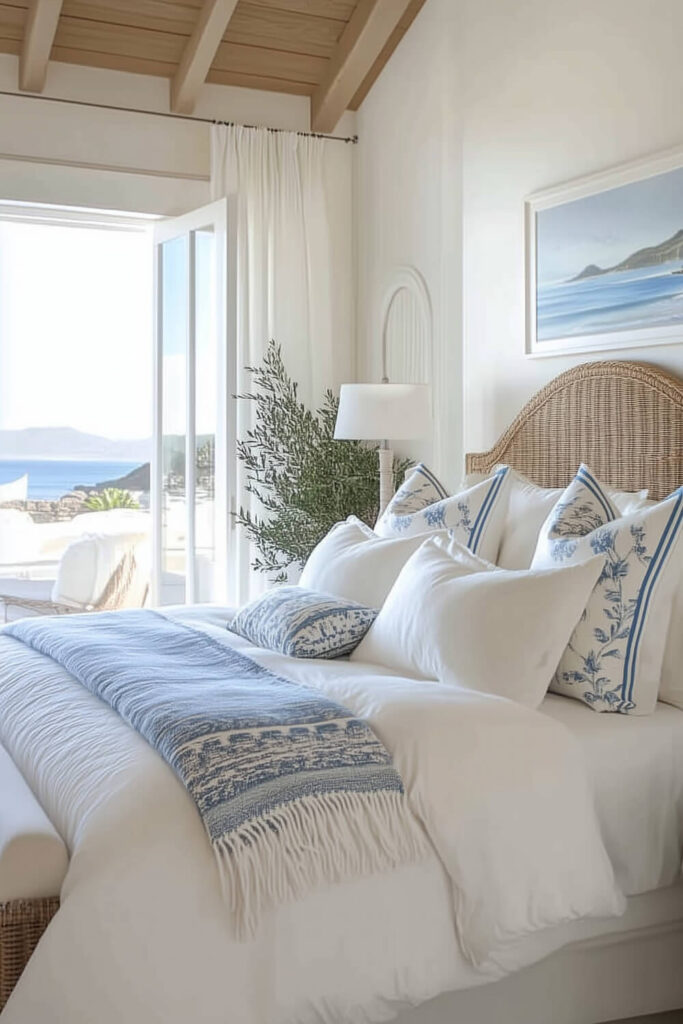 A Mediterranean coastal bedroom features white linens, a wicker headboard, blue and white patterned pillows, and an ocean view balcony.