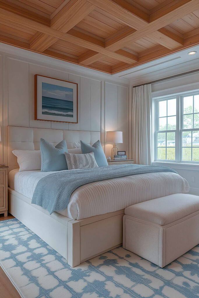 An elegant coastal retreat showcases a coffered ceiling, a neutral color palette with light blue accents, and plush textures.