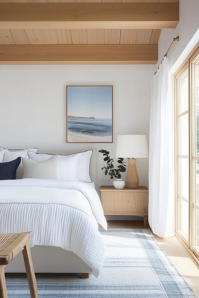 A modern minimalist coastal bedroom features exposed wood beams, white bedding, a large ocean photograph, and a woven rug.