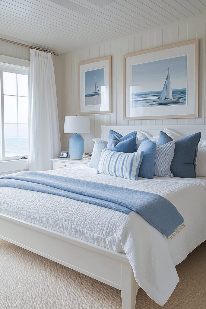 A coastal preppy bedroom features white shiplap walls, navy blue accents, sailboat artwork, and striped pillows.