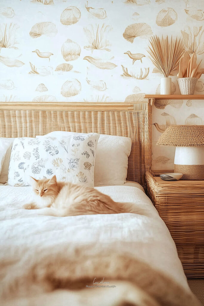 A boho coastal bedroom features natural wicker furniture, whimsical sea creature wallpaper, and soft neutral bedding.