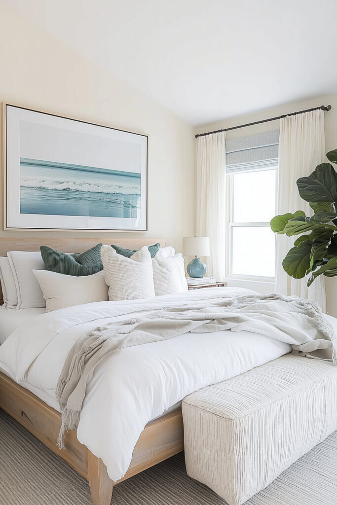 A modern coastal master bedroom features a neutral palette with deep green accents, a large abstract ocean artwork, and luxurious textures.