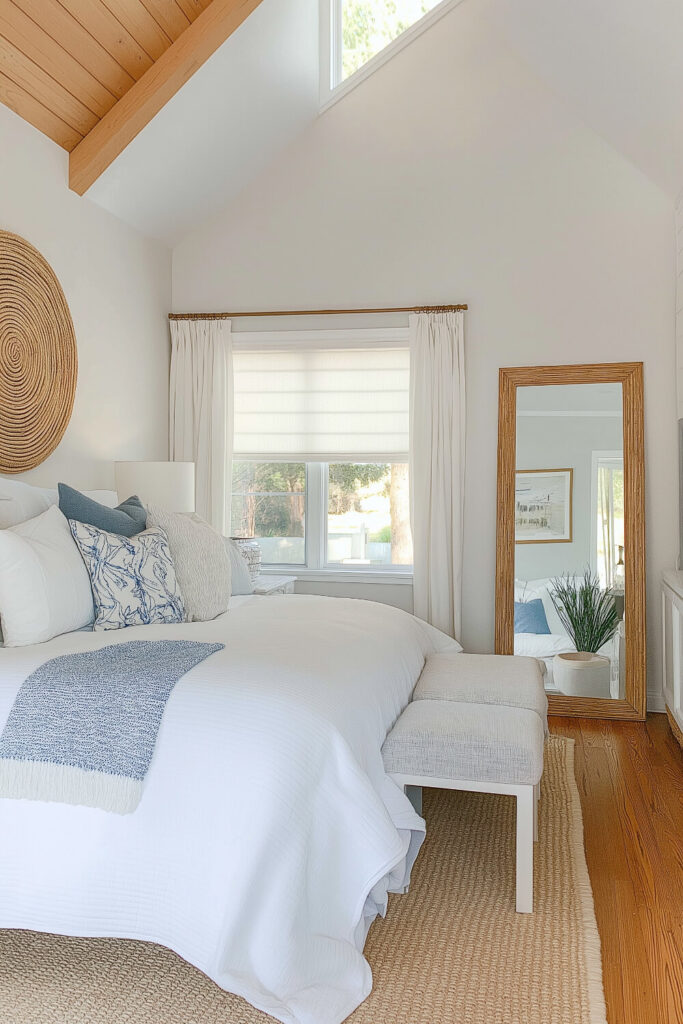 A cozy coastal cottage bedroom features a vaulted ceiling with wood beams, white bedding with light blue accents, and a large woven wall hanging.