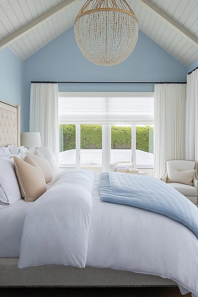 A coastal chic bedroom features soft blue walls, white bedding, a beaded chandelier, and large windows.