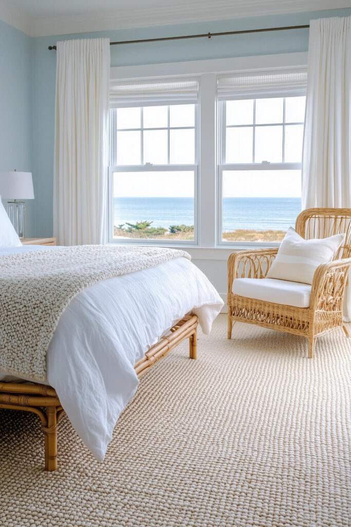 This coastal bedroom emphasizes natural textures with a jute rug, a wicker chair, and a light-filled space showcasing a distant ocean view.