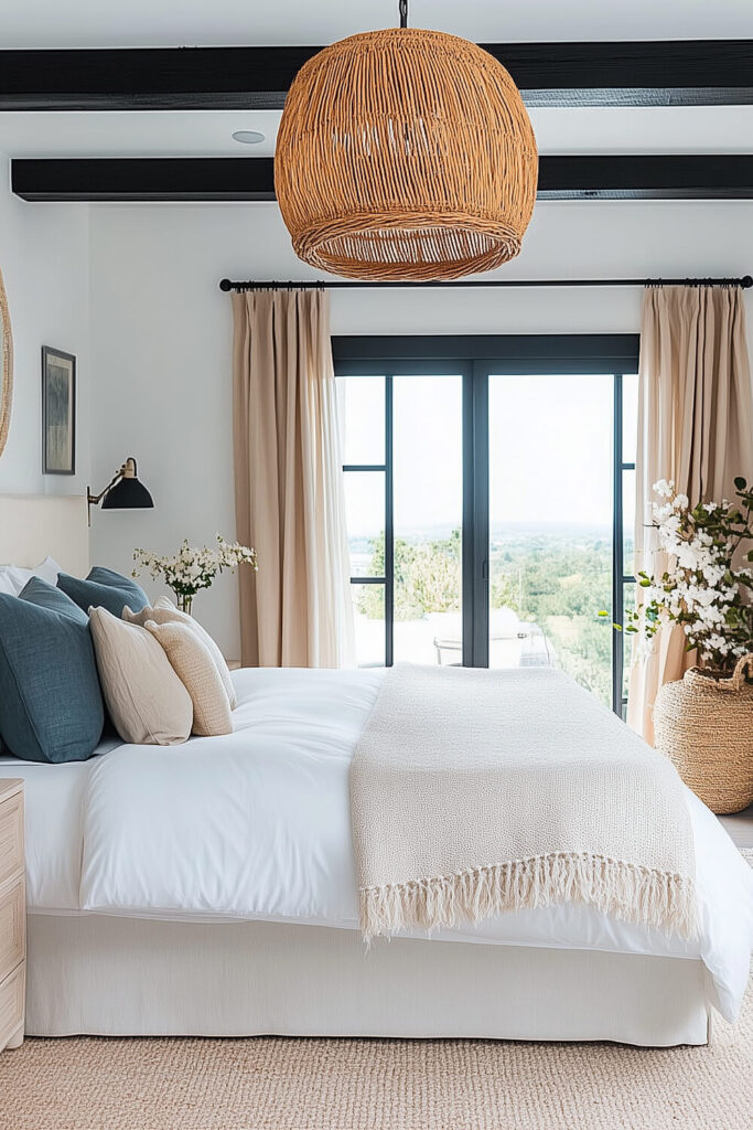 A modern coastal farmhouse bedroom features exposed black beams, a woven pendant light, blue accents, and natural textures.