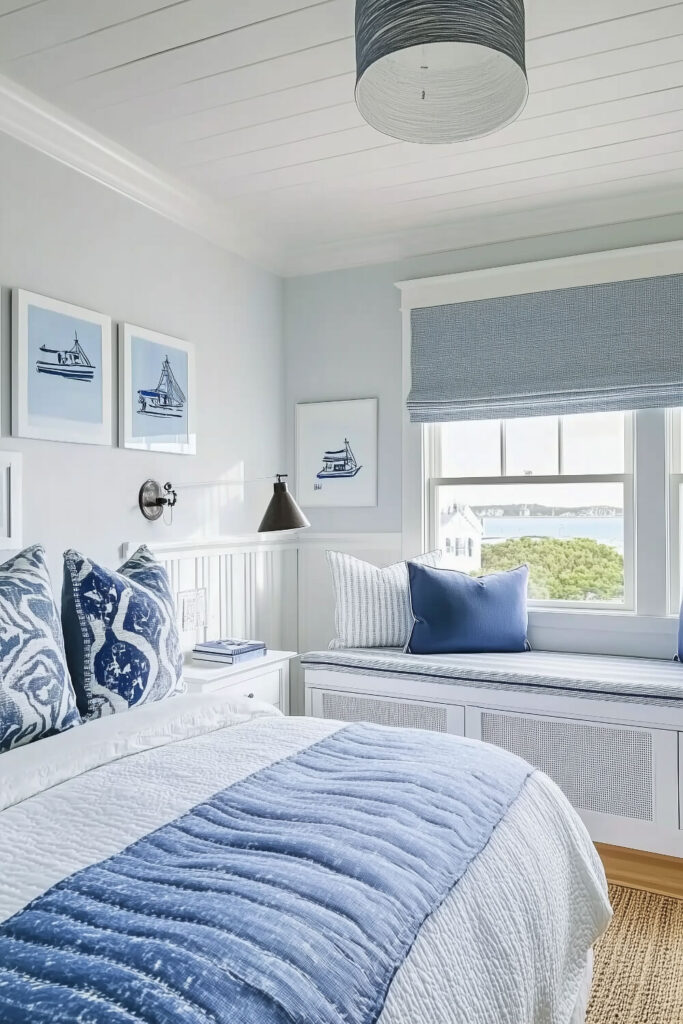 A nautical charm coastal bedroom features white shiplap walls, blue and white bedding with playful prints, and a built-in window seat.