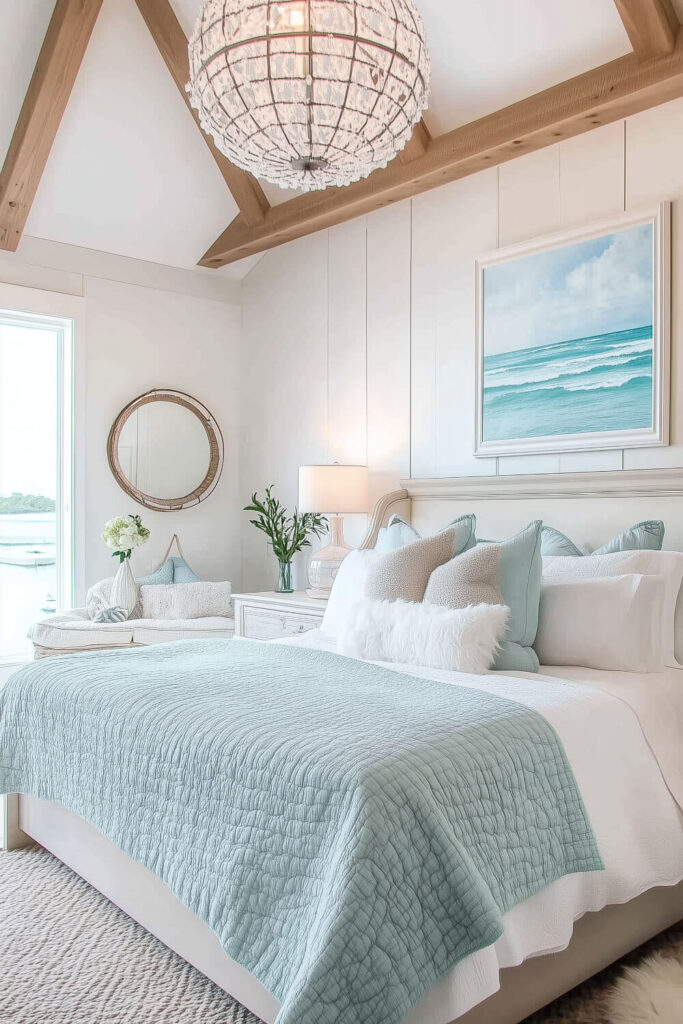 An elegant coastal farmhouse bedroom features a vaulted ceiling with exposed beams, white shiplap walls, light blue bedding, and a beaded chandelier.