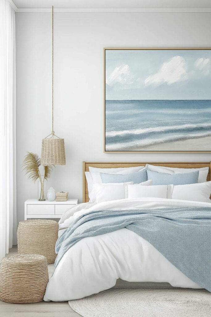 A modern coastal serene bedroom features white walls, light blue accents, a natural wood headboard, and woven ottomans.