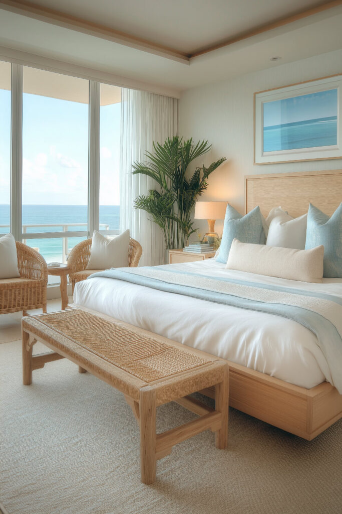 A modern coastal bedroom boasts floor-to-ceiling windows with panoramic ocean views, a neutral color palette, and luxurious furnishings.