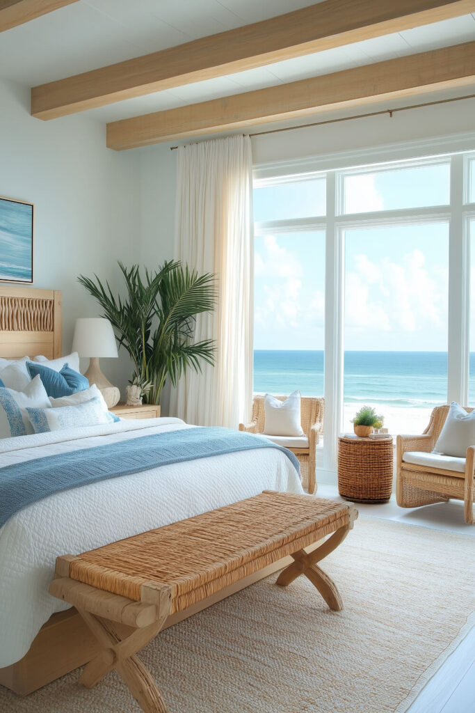 This spacious coastal bedroom features exposed beams, a neutral palette with light blue accents, and large windows framing a stunning ocean vista.