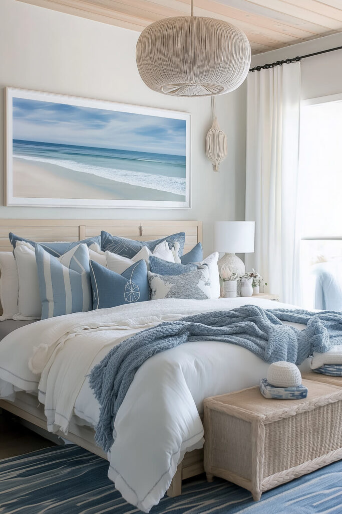 A classic coastal bedroom combines white bedding with blue accents, a large ocean photograph, and a woven chest for a comfortable and stylish retreat.