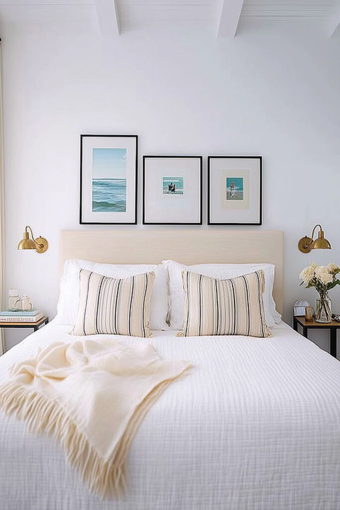 A simple coastal bedroom features crisp white bedding, a gallery wall of ocean-themed prints, and warm brass sconces.