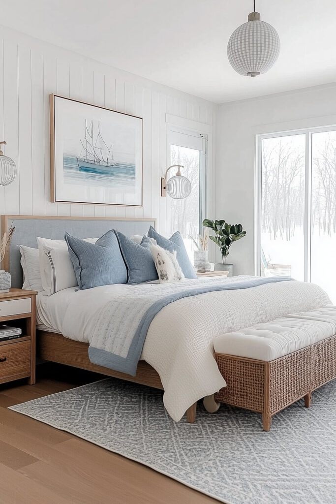  A modern farmhouse coastal bedroom features white shiplap walls, light wood furniture, soft blue bedding, and a large abstract art piece.