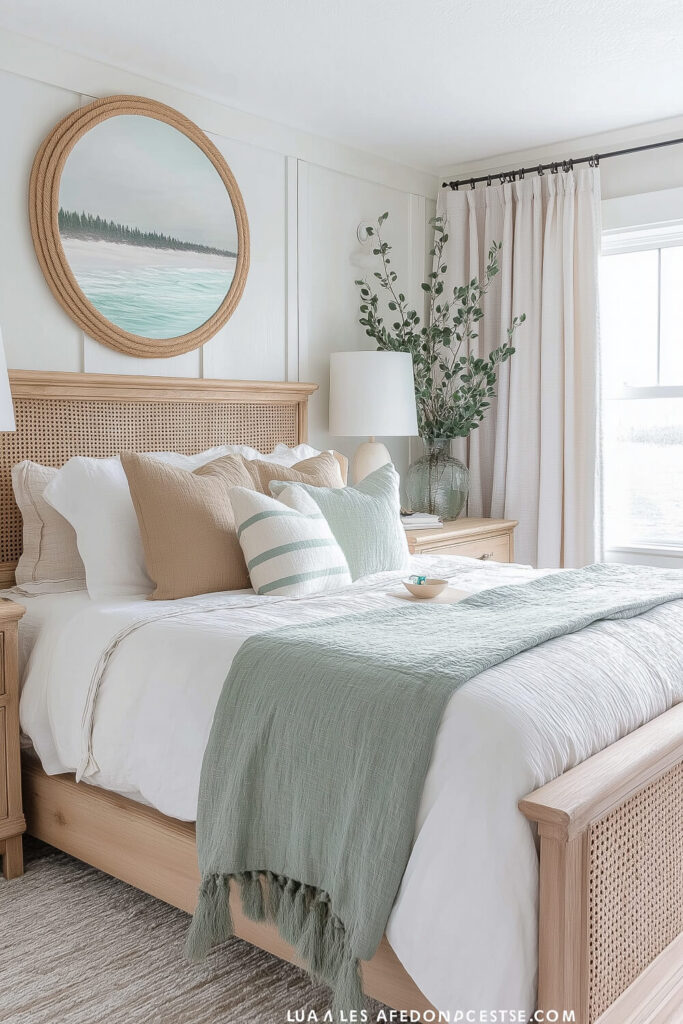 A natural coastal bedroom showcases a cane bed, earthy tones, a round woven artwork, and soft green accents.