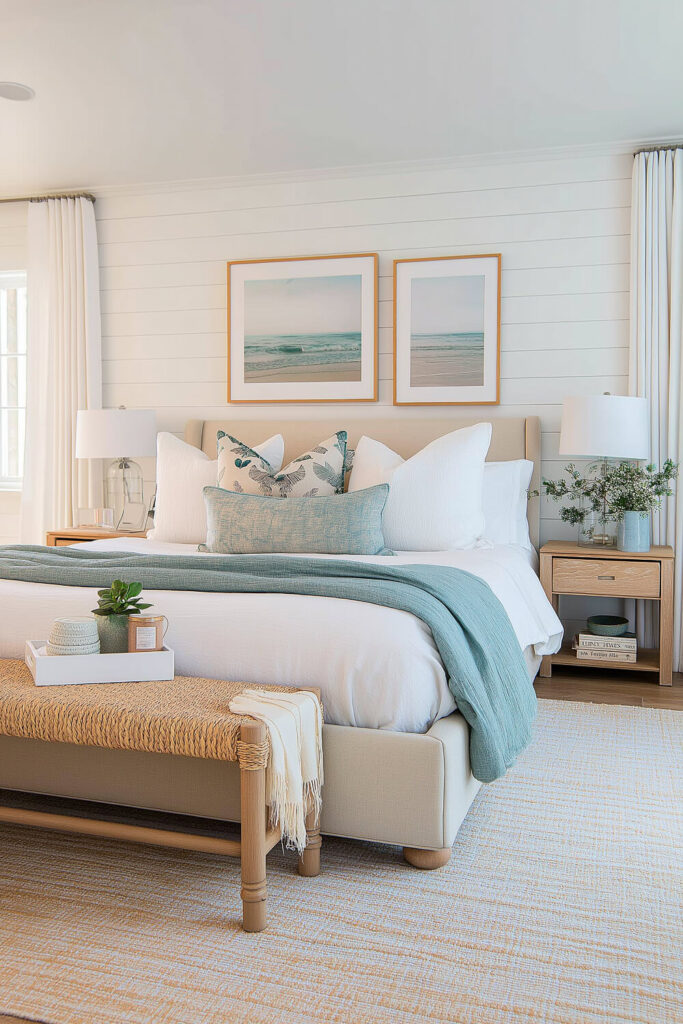 A modern coastal farmhouse bedroom features white shiplap walls, a neutral palette with light blue accents, and natural wood furniture.