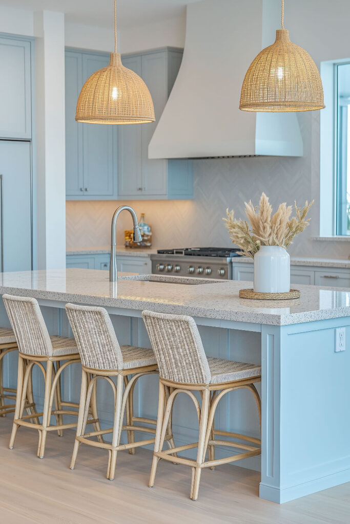 A serene coastal kitchen design featuring light blue cabinets, woven pendant lights, and a spacious island with rattan barstools, creating a charming interior ambiance.