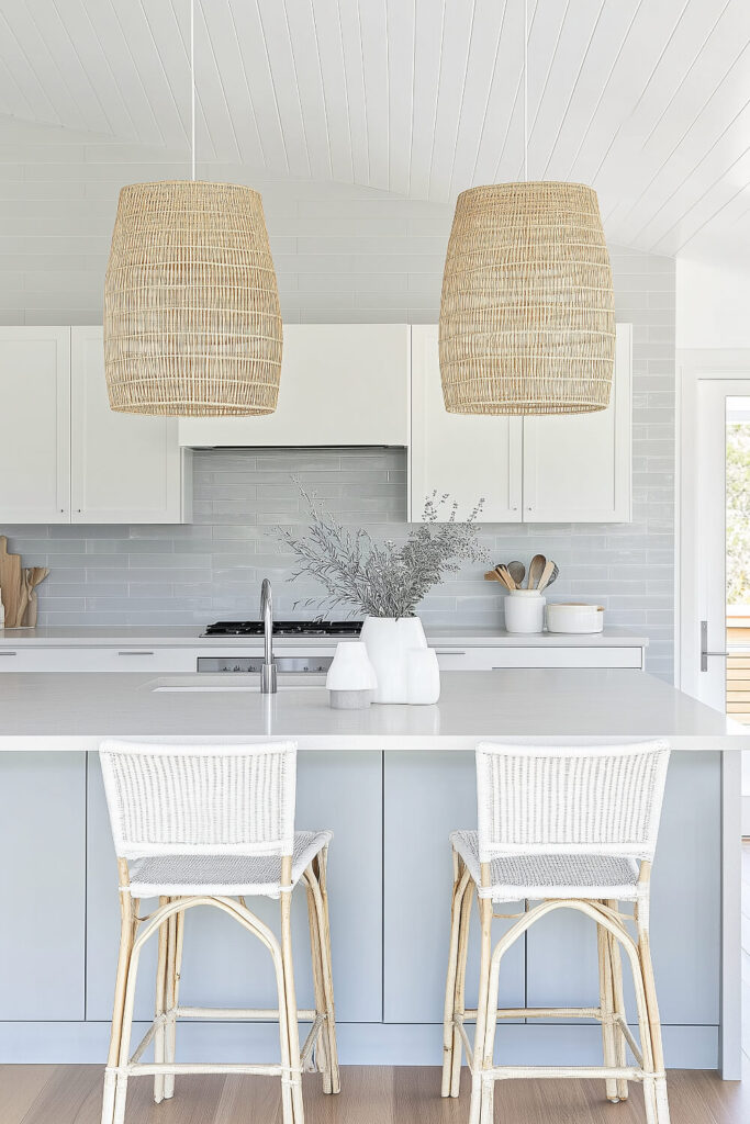 A serene coastal kitchen design featuring light blue cabinetry, white woven barstools, and natural pendant lights that enhance the airy interior.