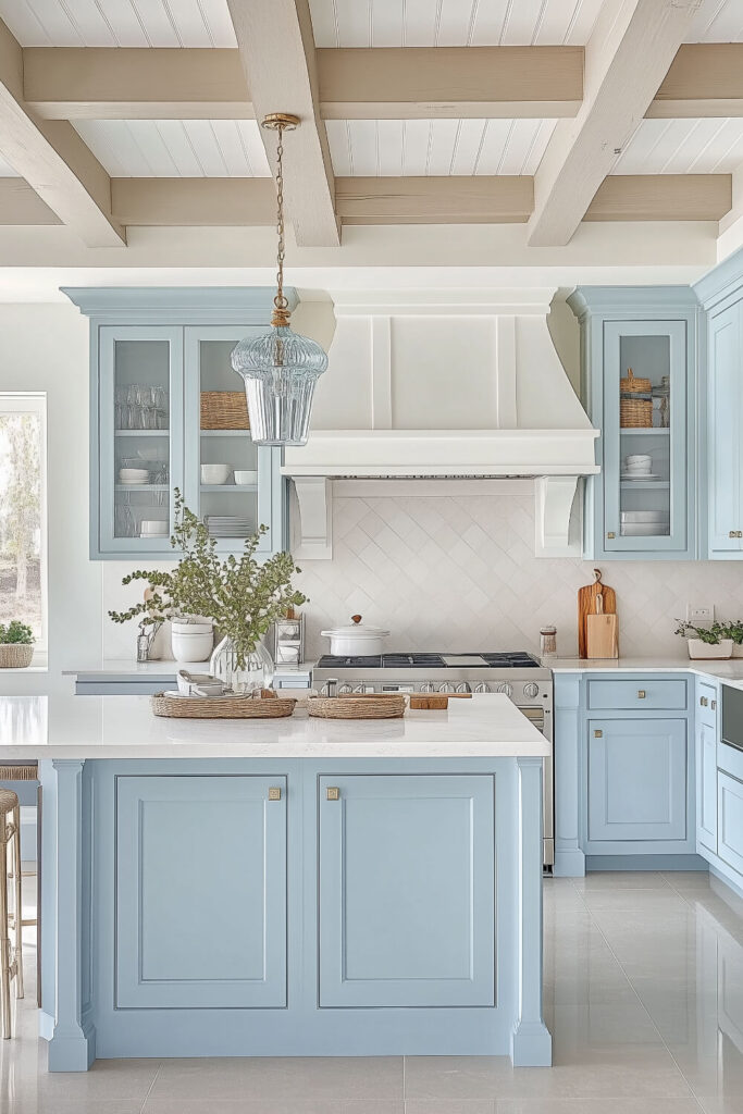 A charming coastal kitchen design with light blue cabinetry, a white herringbone tile backsplash, and elegant pendant lighting that complements the inviting interior.