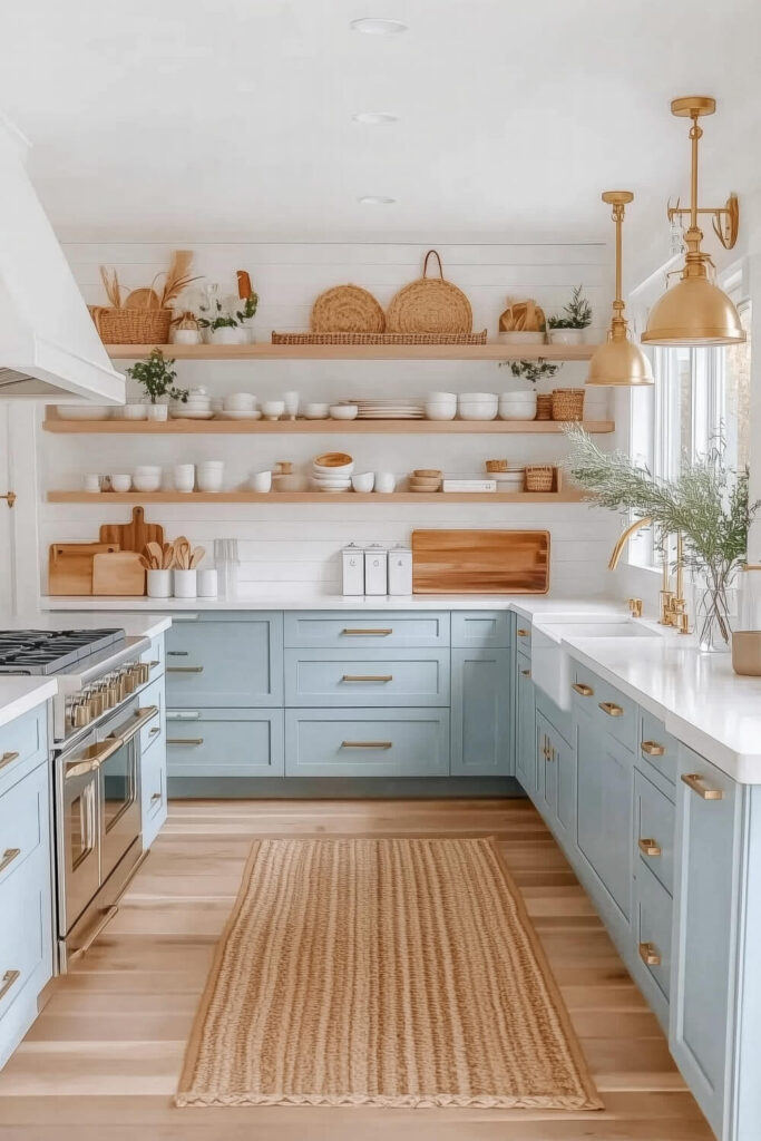 A bright coastal kitchen design featuring light blue cabinetry, open shelving with natural accents, and gold hardware that enhances the airy interior.