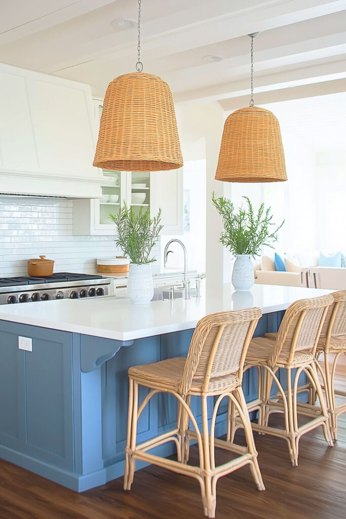 A charming coastal kitchen design with a bold blue island, white cabinetry, and woven pendant lights that create a bright and inviting interior.