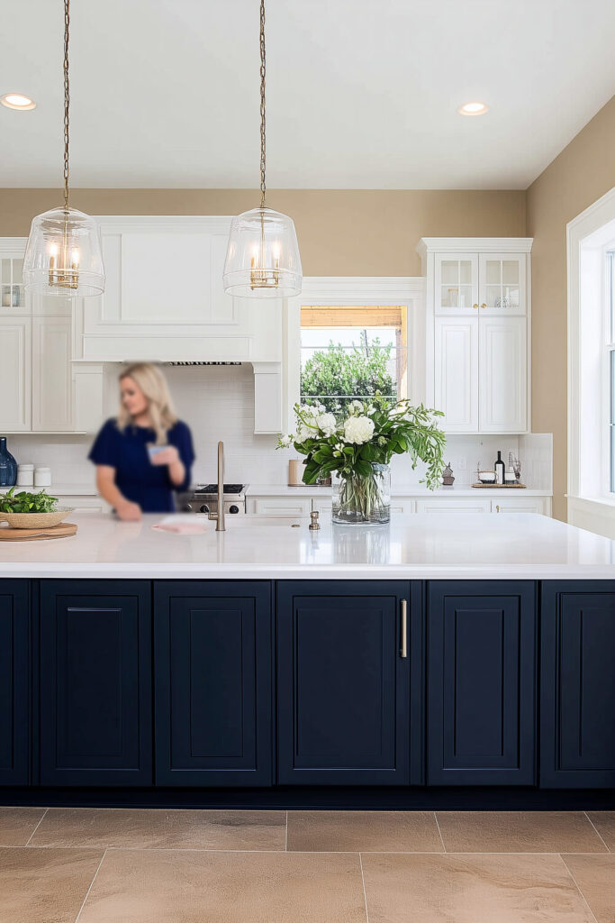 A sophisticated coastal kitchen design featuring a navy blue island, white cabinetry, and elegant glass pendant lights that enhance the refined interior.