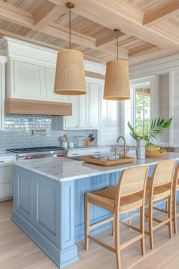 A bright coastal kitchen design with a light blue island, white cabinetry, and glass pendant lights that create an airy and inviting interior.