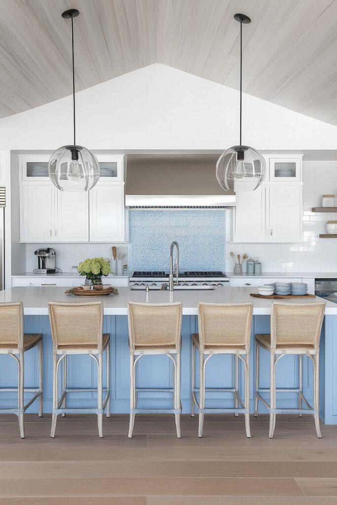 A bright coastal kitchen design with a light blue island, white cabinetry, and glass pendant lights that create an airy and inviting interior.