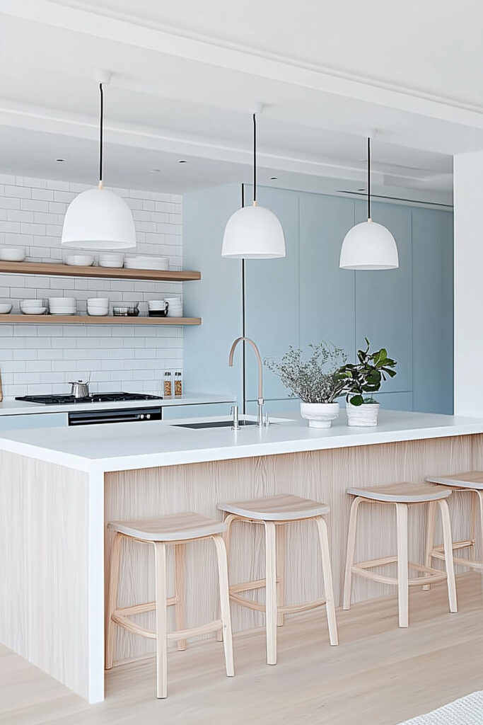 A modern coastal kitchen design featuring a sleek white island, light blue cabinetry, and minimalist pendant lights that enhance the clean and airy interior.