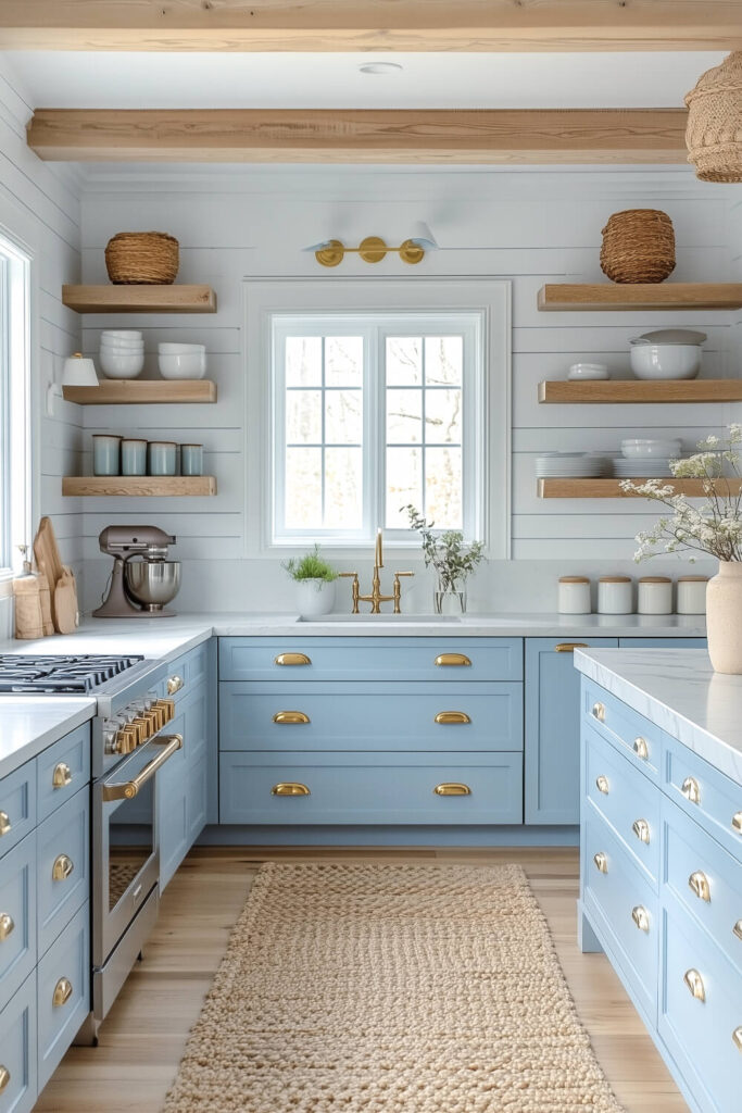 A charming coastal kitchen design with light blue cabinetry, gold hardware, and wooden shelves that create a warm and inviting interior.