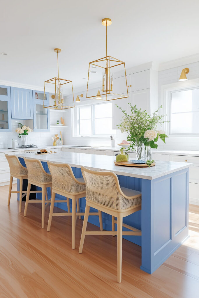 A bright coastal kitchen design featuring a bold blue island, elegant gold pendant lights, and woven barstools that enhance the airy and inviting interior.