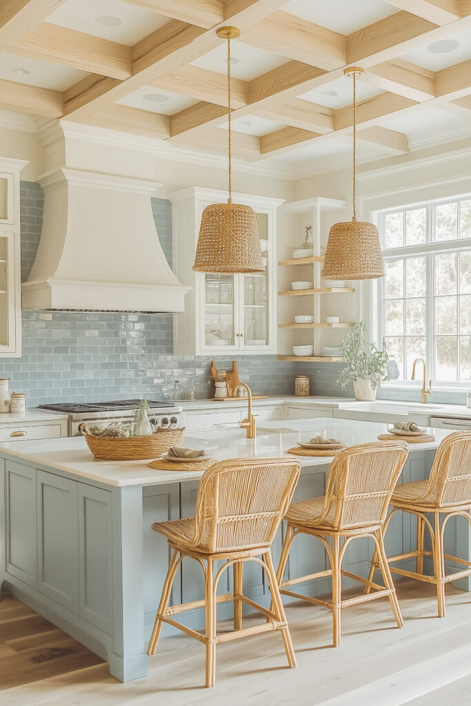 A bright coastal kitchen design with a stunning coffered ceiling, light blue tile backsplash, and rattan barstools that enhance the airy interior.