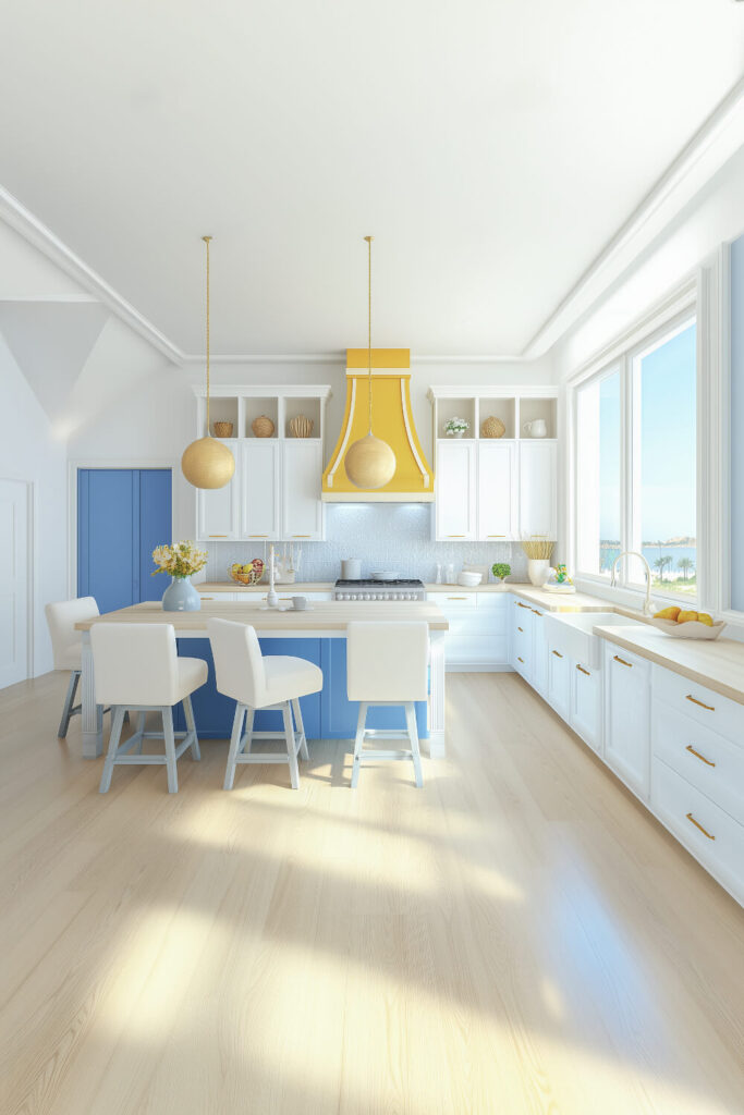 A bright coastal kitchen design with a bold blue island, white cabinetry, and gold accents that create an airy and inviting interior.