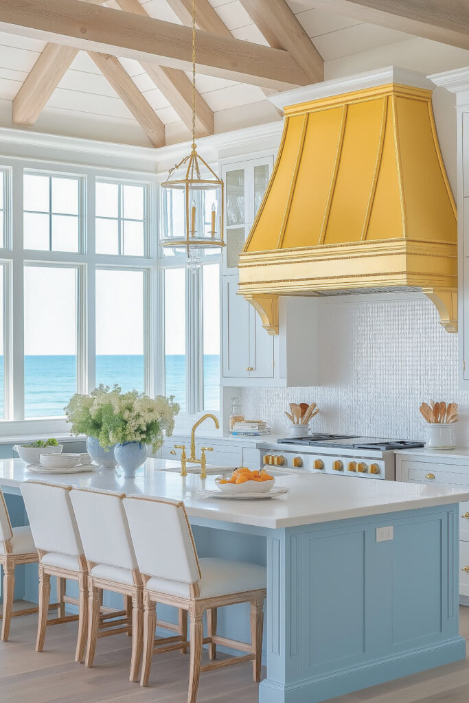 A stunning coastal kitchen design featuring a vibrant yellow range hood, light blue cabinetry, and an ocean view that enhances the bright and airy interior.