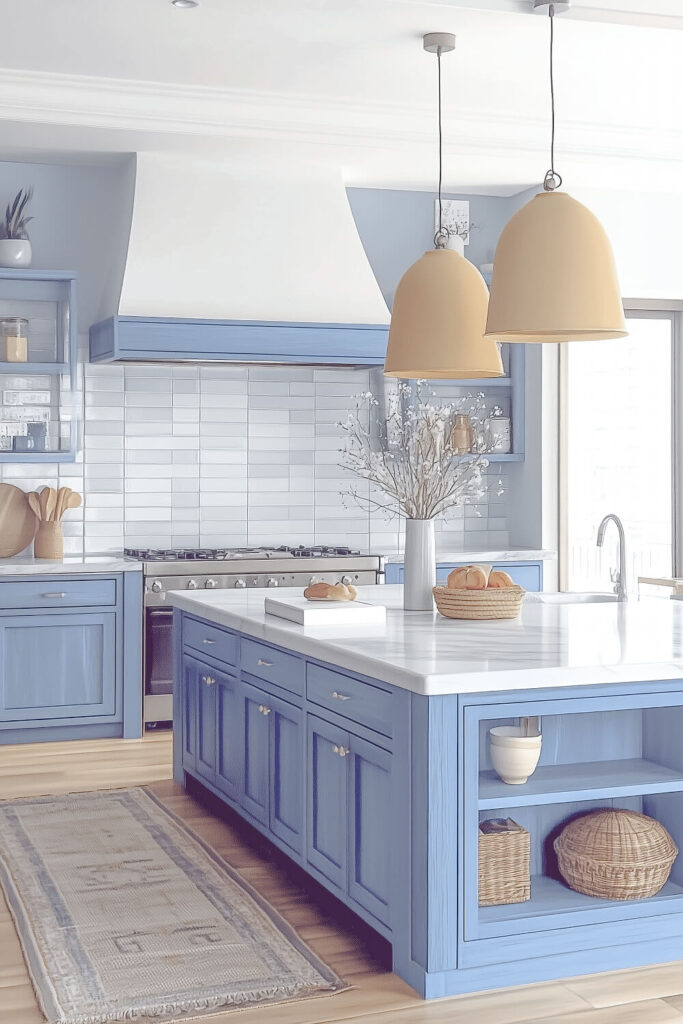 A serene coastal kitchen design featuring soft blue cabinetry, white marble countertops, and warm pendant lights that enhance the inviting interior.