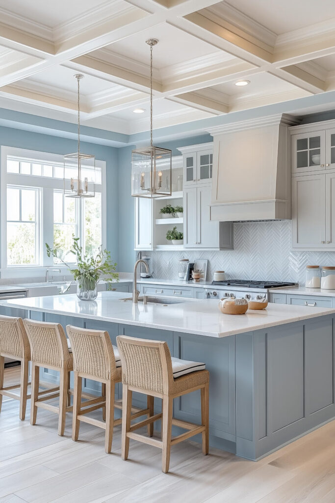 A charming coastal kitchen design with light blue cabinetry, a coffered ceiling, and woven barstools that complement the airy interior.