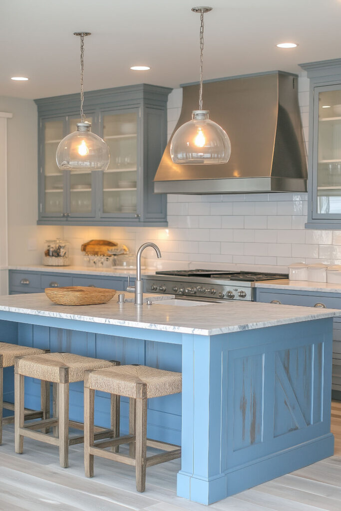 A serene coastal kitchen design featuring a bold blue island, white subway tile backsplash, and elegant glass pendant lights that enhance the inviting interior.