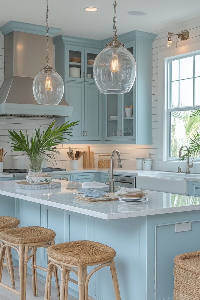 A tranquil coastal kitchen design with light blue cabinetry, white countertops, and glass pendant lights that create a refreshing interior ambiance.