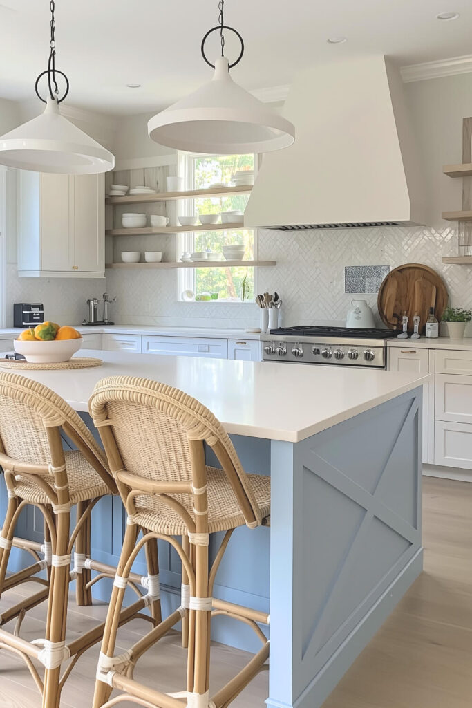 A serene coastal kitchen design featuring a light blue island with intricate paneling, white countertops, and rattan barstools that enhance the inviting interior.