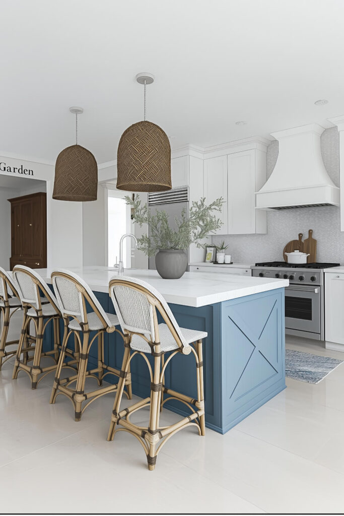 A stylish coastal kitchen design with a bold blue island, white cabinetry, and woven pendant lights that create a bright and airy interior.