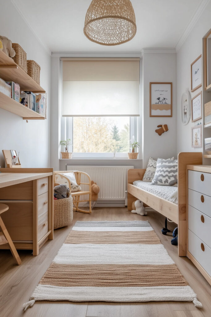 A modern kids bedroom design with a cozy bed, simple storage shelves, and cute decorations.