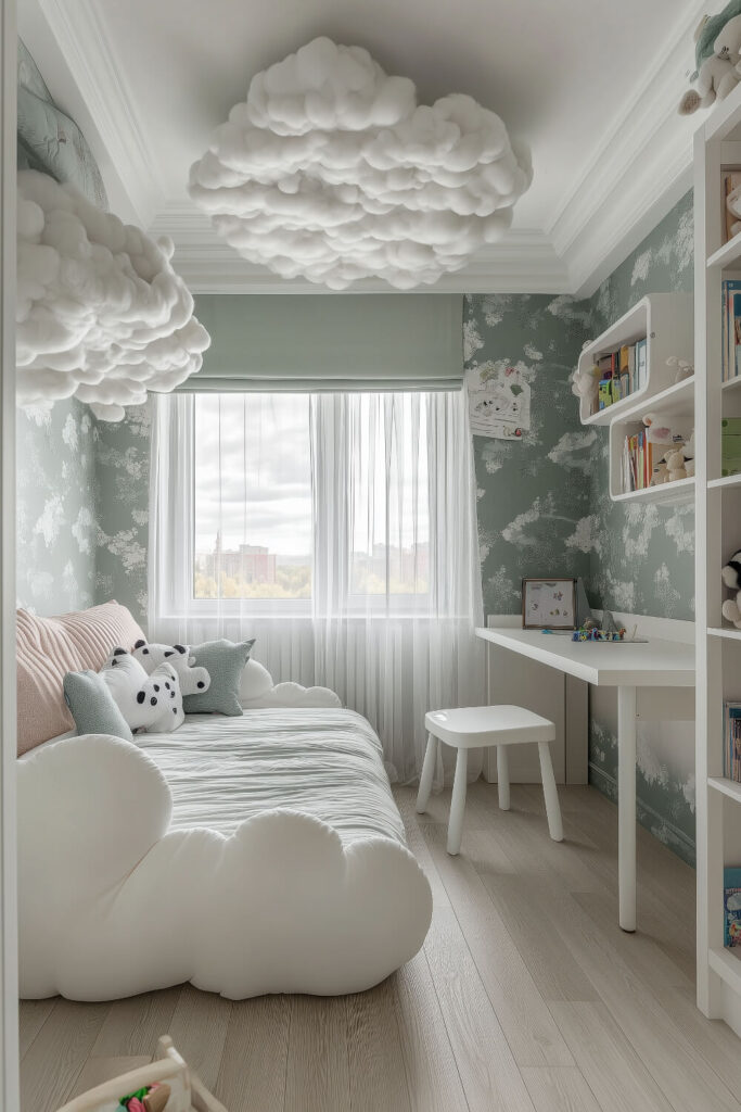 A sweet and pastel kids bedroom design with pink and blue house-shaped beds, soft bedding, and playful decor.