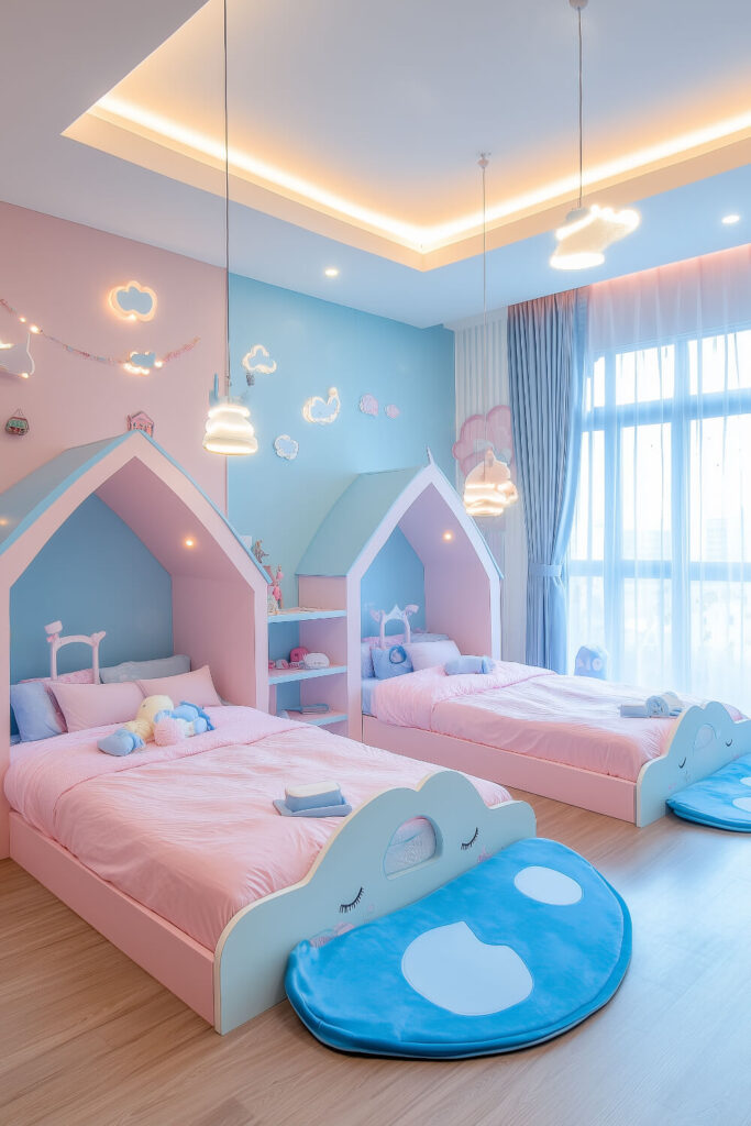 A playful and pastel kids bedroom design with pink house-shaped beds, glowing accents, and a fish wall decoration.