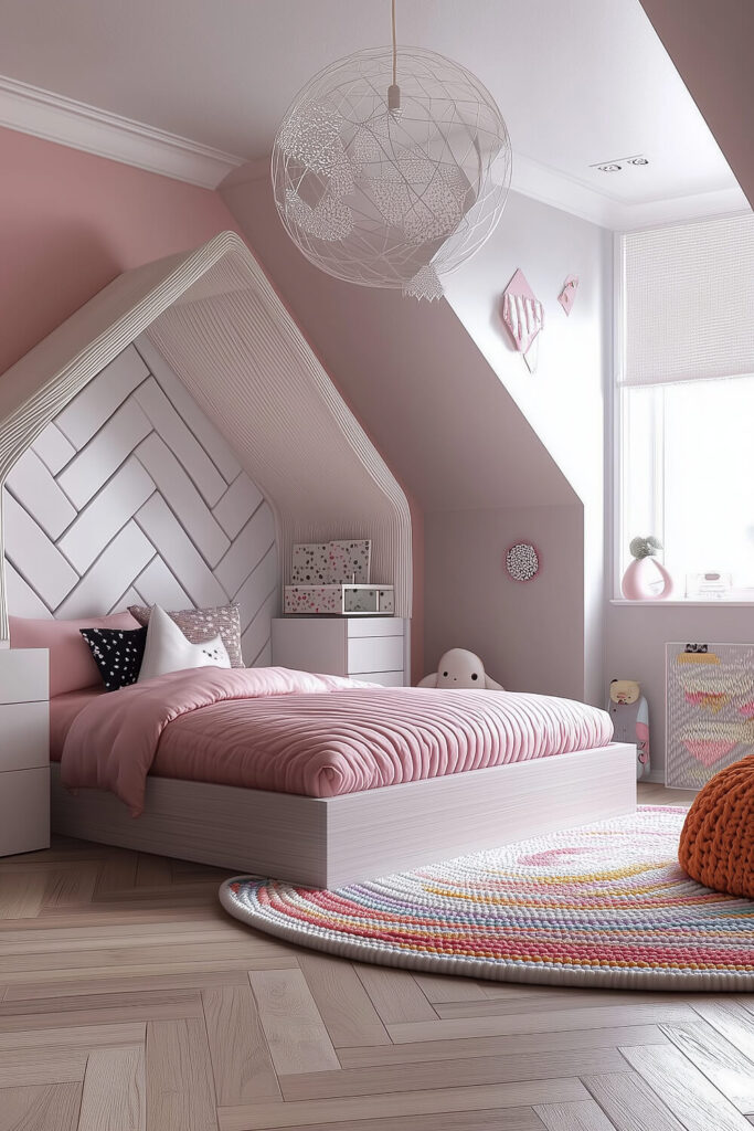 A nature-inspired kids bedroom design with a floral quilt, wooden floor, and greenery on the shelves.