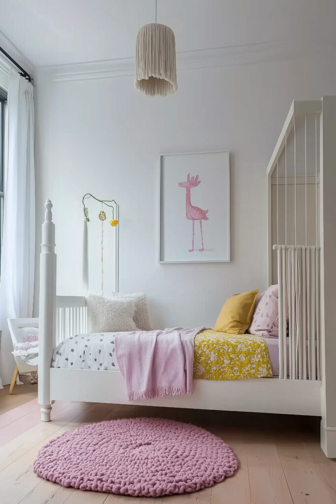 A futuristic and fun kids bedroom design with curved bunk beds, a slide, and a beanbag chair.