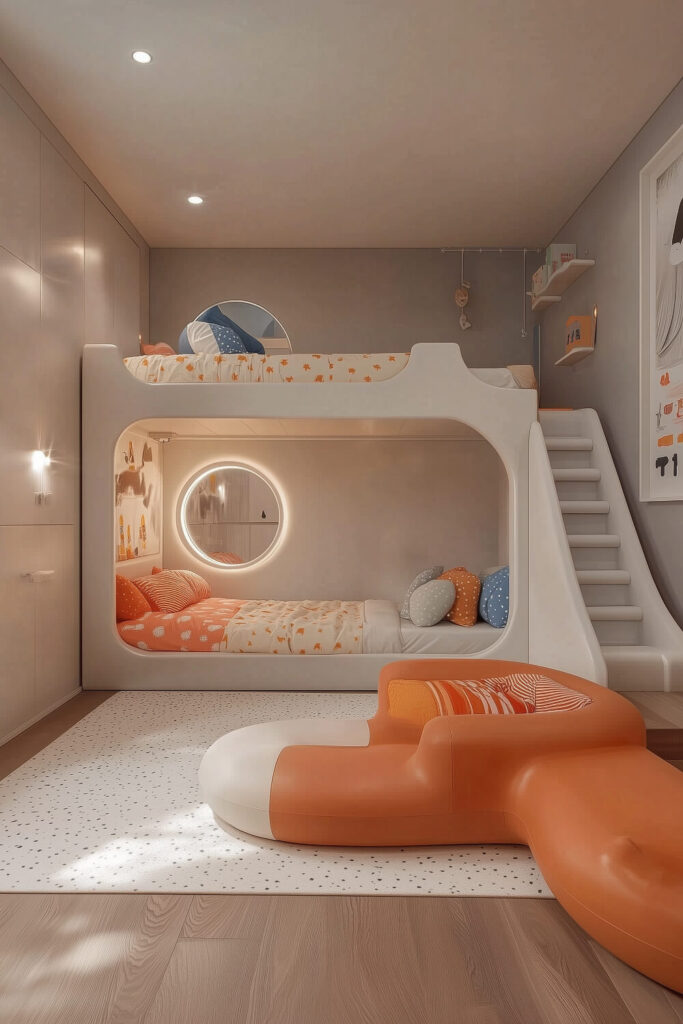 A cozy and curved kids bedroom design with soft, rounded shapes, circular windows, and a ladder to the top bunk.