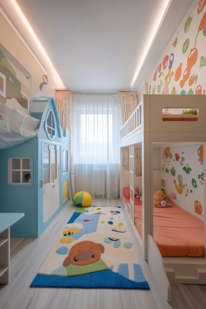 A playful kids bedroom design featuring a bunk bed with a slide, colorful bedding, and whimsical wall art.