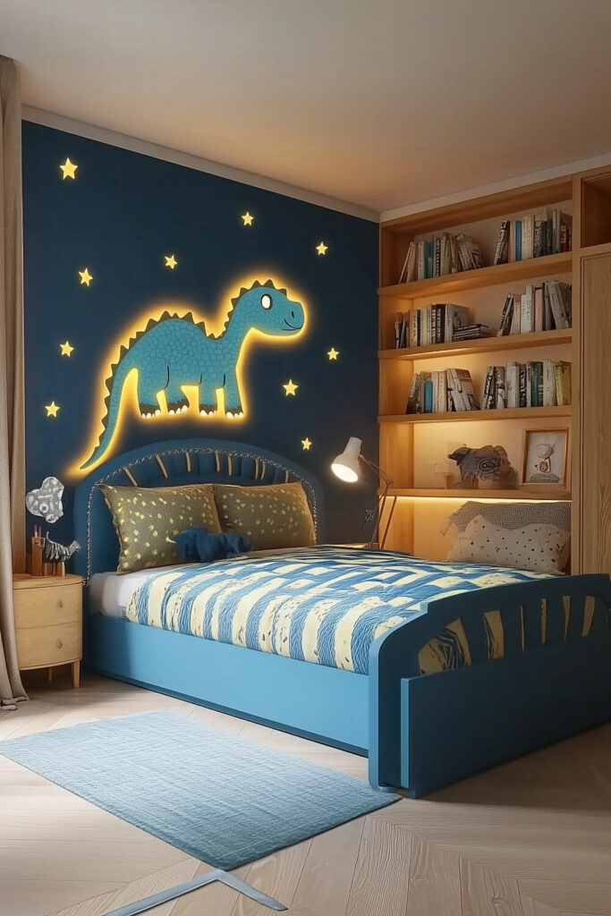 A dinosaur adventure kids bedroom design with a glowing dinosaur wall art, starry walls, and blue bedding.